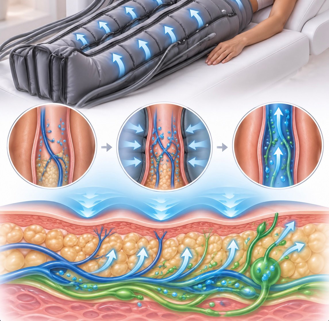 Esquema explicativo del funcionamiento de la presoterapia y el drenaje linfático